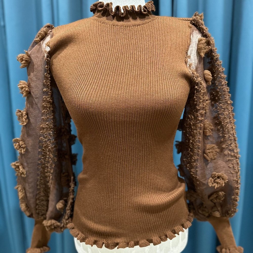 Almost Famous Sheer-Sleeve 3D-Flower Turtleneck